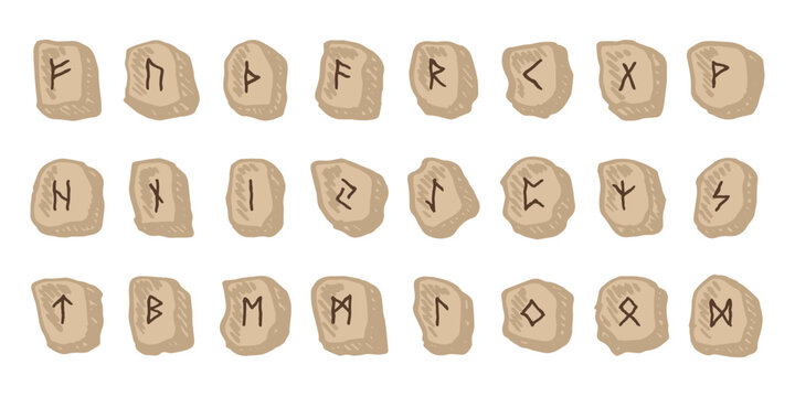 Set of hand drawn viking runes Rune stones with ancient norse alphabet characters engraved on them Scandinavian futhark germanic celtic Single element for design, print, web, decor