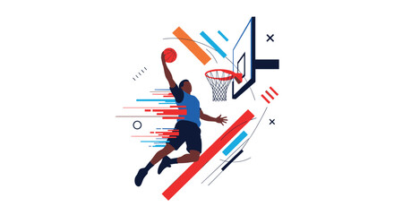 Fototapeta premium Dynamic professional basketball player jumping high for a powerful slam dunk with stylized motion lines and geometric shapes.