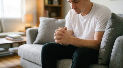 Fototapeta premium Person sitting couch their hands clasped together prayer Hands, psychology and mental