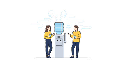 Obraz premium Man and woman having a casual conversation while taking a break near a water cooler dispenser in an office environment.