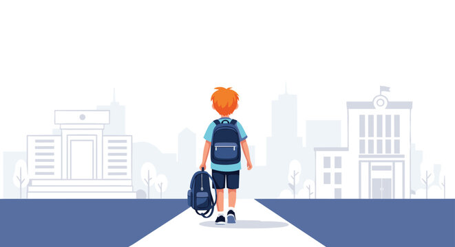 Young boy with a blue backpack walking down a path towards school buildings in a city landscape under a white sky.