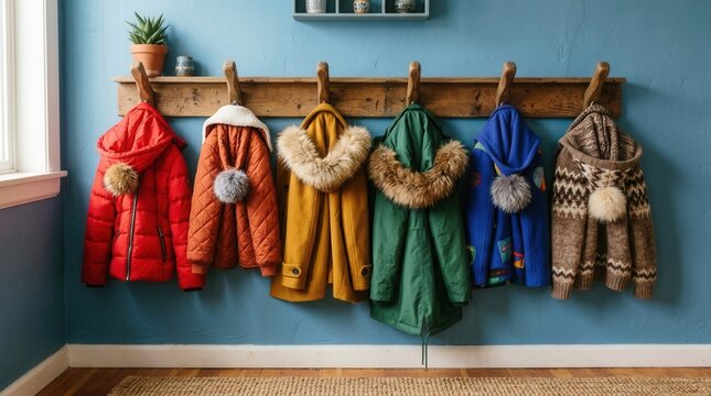 Row colorful jackets hanging wooden rack There are Diverse coats on hangers