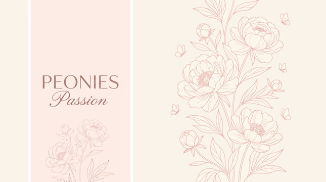 Peonies Passion: Delicate Pink Floral Pattern with Elegant Botanical Line Art for Invitations, Covers and Wallpapers