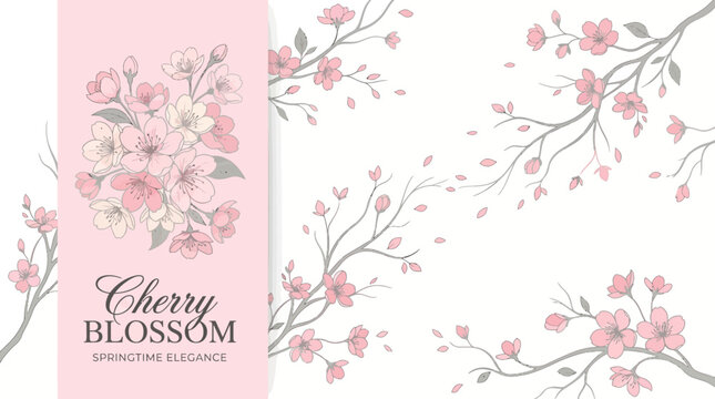 Soft pink cherry blossom pattern with delicate floral branches and a pink label, ideal for invitations, wedding stationery and feminine design.