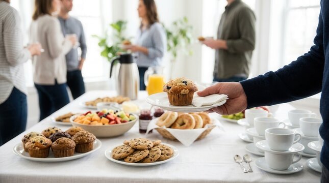 Table set up breakfast brunch event There are Woman taking snack during