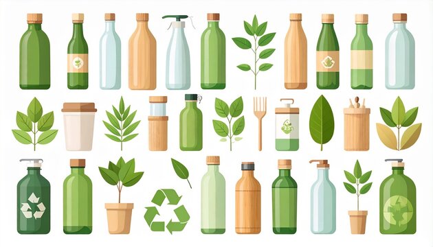 Eco-friendly lifestyle collection of vector icons showcasing reusable bottles, plants, and recycling symbols for a sustainable future