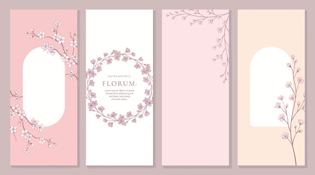 Pastel floral invitation card set with decorative frames and botanical motifs in pink tones