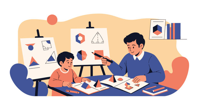 Patient father sitting at a table and teaching his young son about geometry shapes and 3D forms using drawing boards.