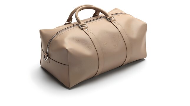 Beige leather duffel bag with handle isolated on white