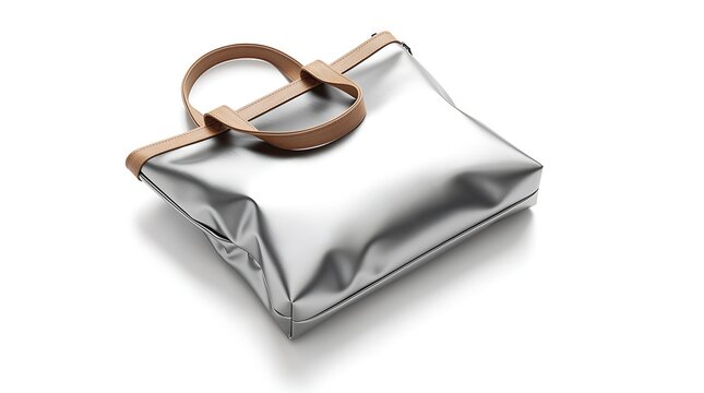 Shiny metallic silver clutch bag with brown leather handle