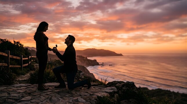 Man proposing to woman with engagement ring at sunset on cliffside