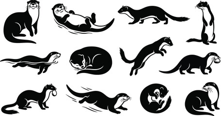 Fototapeta premium Otter and Weasel Animal Silhouettes Set