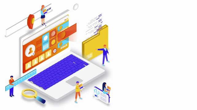 Isometric team designing digital interface and managing data