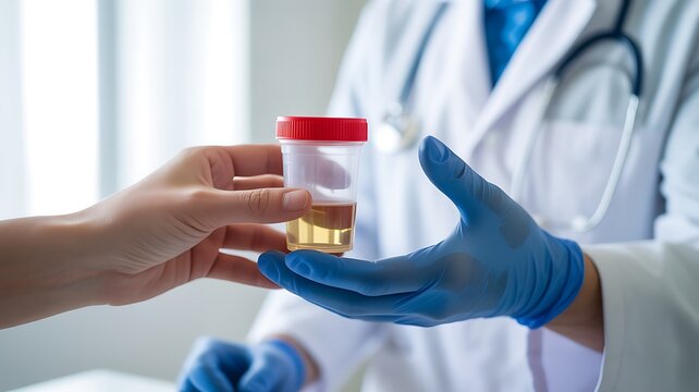 Medical professional receiving urine sample container from patient for laboratory examination
