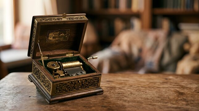 Vintage wooden music box on a rustic table in a blurred library room