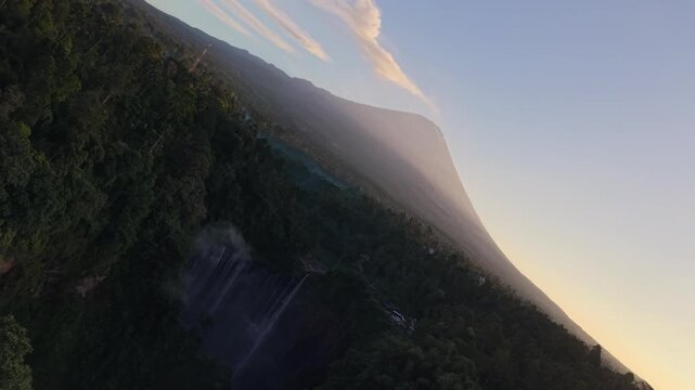 Amazing aerial view Tumpak Sewu waterfall in the morning on Java island, Indonesia.
