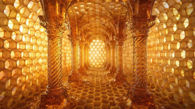 Sweet golden honey architectural corridor, grand hall glowing with translucent light. Majestic passageway, intricate honeycomb design.