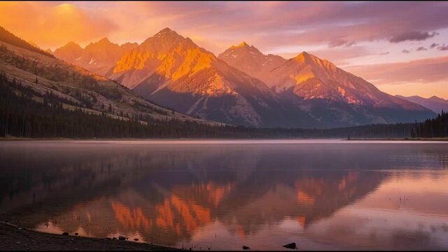 Golden sunrise illuminates majestic mountain peaks, creating a stunning reflection in the crystal-clear lake, a serene and awe-inspiring natural landscape