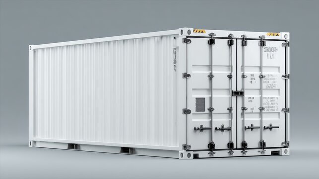 Clean vector mockup of closed-door shipping container, visible hinges and locking bars, isolated minimal design