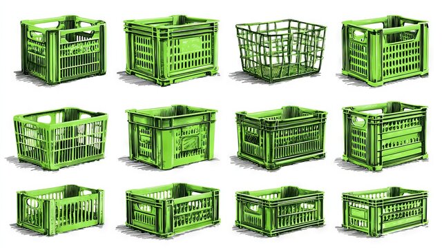 Collection of green plastic crates for vegetables, rendered in bold vector art, each with clear open tops and crosshatch sides, isolated and well spaced