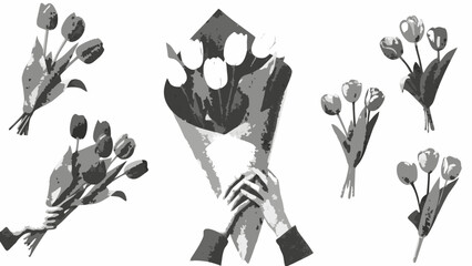 Tulip Bouquets And Hands Black And White Vector Illustration © Nipa