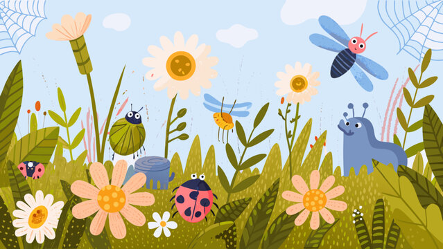 Colorful Illustration Of A Bug Community Among Flowers And Foliage