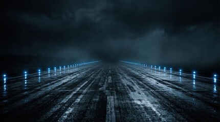 Obraz premium Runway lights guiding aircraft at night on military base under dark sky with clouds and fog, wet surface
