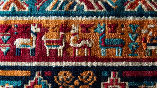 Colorful Peruvian textile with llama motifs and geometric patterns close-up