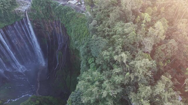 Amazing aerial view Tumpak Sewu waterfall in the morning on Java island, Indonesia.
