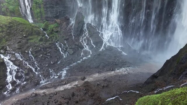 Amazing aerial view Tumpak Sewu waterfall in the morning on Java island, Indonesia.
