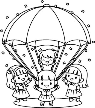Happy children playing together under large parachute toy.