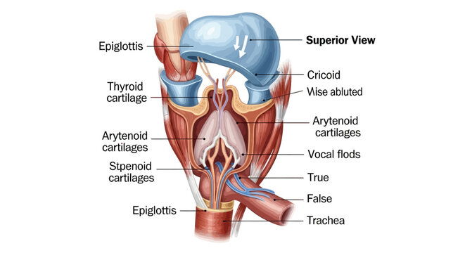 Detailed superior view of human larynx anatomy illustrating vocal folds, epiglottis, thyroid and cricoid cartilages