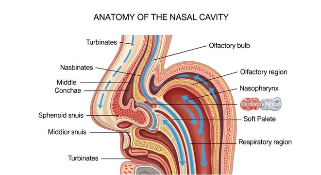 Detailed diagram illustrating the anatomy of the human nasal cavity, showing turbinates, sinuses, olfactory bulb, and respiratory regions
