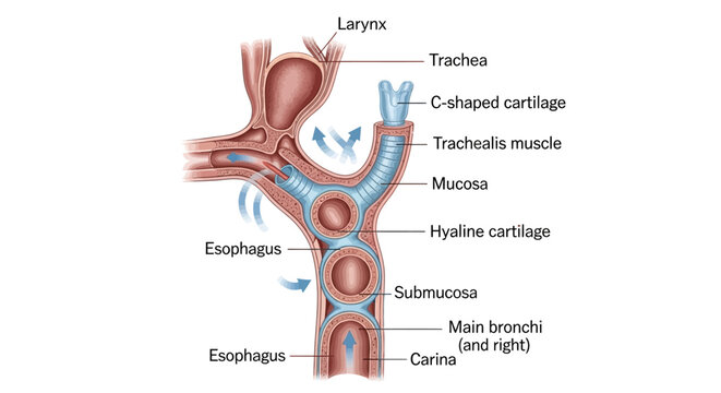 Detailed diagram of human trachea and esophagus anatomy, illustrating the respiratory and digestive systems with cartilage and muscle structures