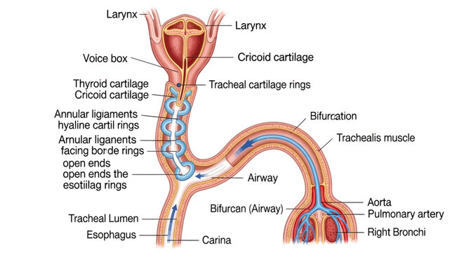 Detailed Diagram of Human Trachea, Larynx, and Esophagus Anatomy with Labeled Cartilages, Ligaments, and Airways for Medical Education
