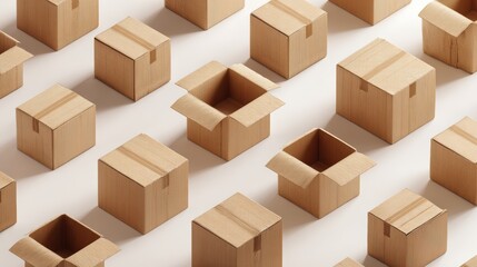 Fototapeta premium Group of open shipping boxes with realistic textures and fold marks, arranged in random but balanced pattern on white seamless backdrop