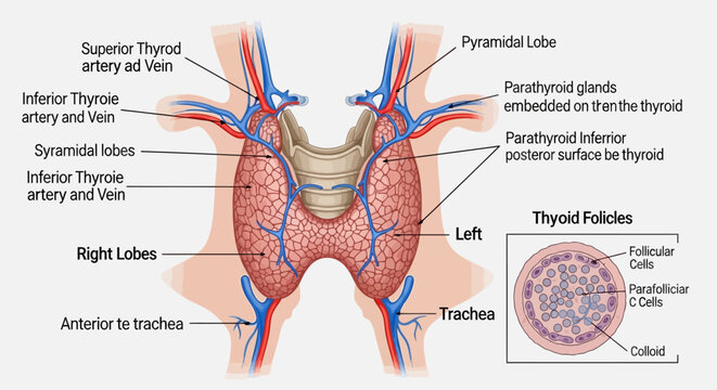 Detailed Human Thyroid Gland Anatomy Illustration. Endocrine system, parathyroid glands, blood supply, trachea & cellular structure.