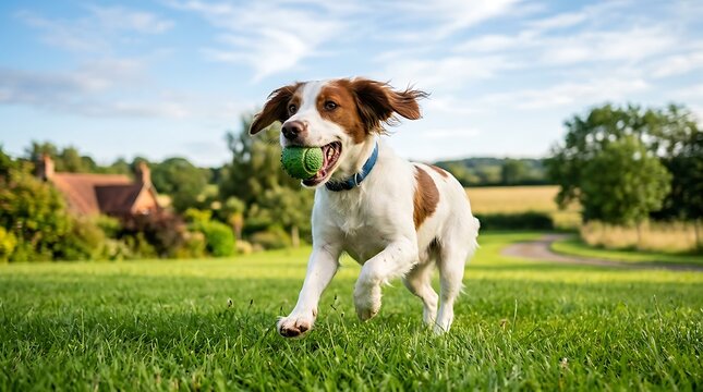 Running springer spaniel with a green ball in its mouth outdoor scene