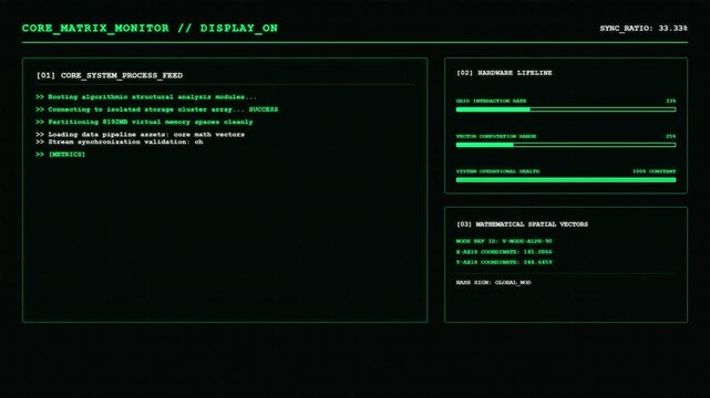 Professional sci fi user interface HUD computer screen showing core matrix monitor telemetry system process data feed and green digital loading indicators for technology background.