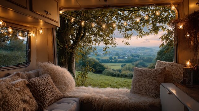 Cozy camper van interior with string lights overlooking scenic countryside at dusk