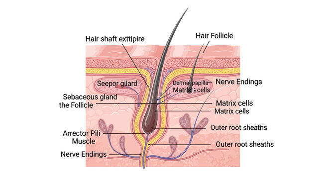 Detailed diagram of human hair follicle anatomy showing cross-section, sebaceous gland, erector pili muscle, and nerve endings.