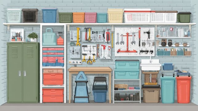 Interior layout of utility room with hanging tools, plastic bins, storage lockers, and compact furniture, flat colorful vector drawing