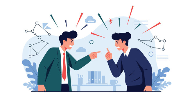Two professional businessmen in formal attire engage in a heated argument and conflict within a modern office environment.