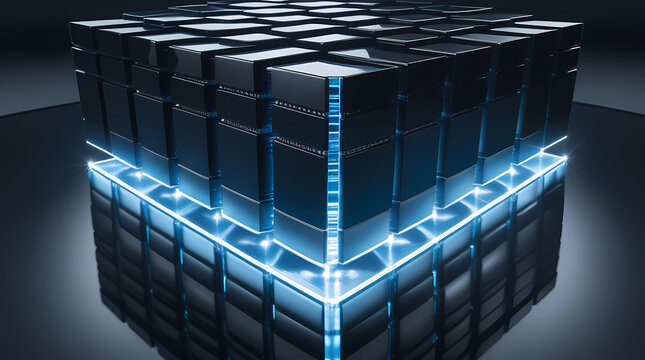 Unbranded isometric cloud storage array with glossy obsidian plates and vibrant ice blue light tracks