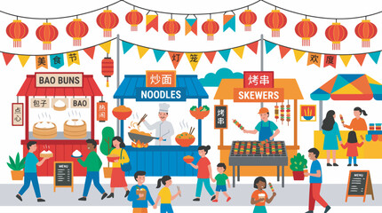 Naklejka premium A vibrant illustration of a bustling outdoor food market with various stalls selling bao buns, noodles, and skewers, decorated with traditional lanterns and banners.