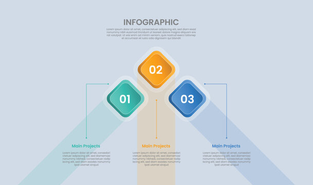 Rhombus base shape infographic with glossy gradient style with 3d shape round edge with long transparent extrusion on triangle base with three segment information