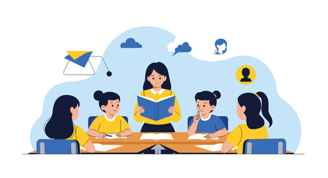 School teacher reads an interesting book to a group of young students sitting around a table in a bright classroom setting.