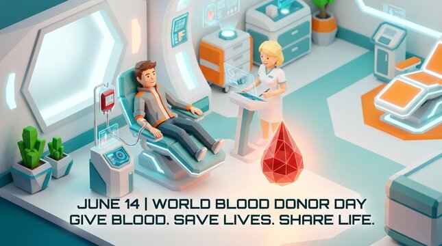 World blood donor day clinic scene with patient and nurse illustration, donation