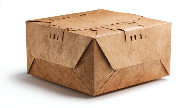 Minimalist presentation of eco takeout box made from biodegradable material, isolated on white, showing crease lines and ventilation slots