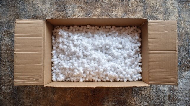 Open cardboard shipping box filled with white polystyrene packing peanuts, top view showing soft cushioning texture against brown kraft interior